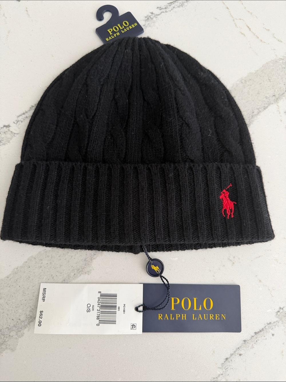 Polo by Ralph Lauren Black Ribbed Cable-Knit Beanie with Red Pony